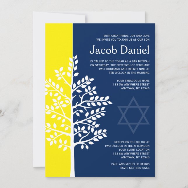 Yellow Navy Tree of Life Bar Mitzvah Invitations (Front)