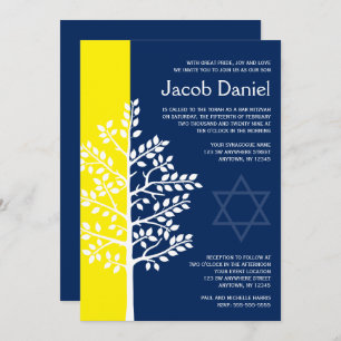 Yellow Navy Tree of Life Bar Mitzvah Invitations