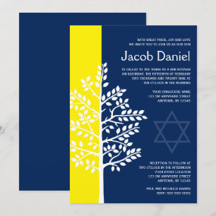 Yellow Navy Tree of Life Bar Mitzvah Invitations