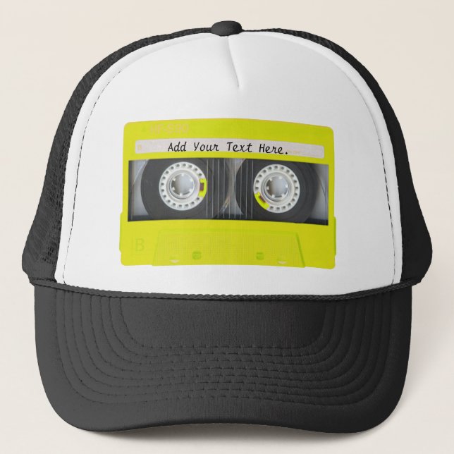 Yellow Neon Customisable Cassette Tape Trucker Hat (Front)