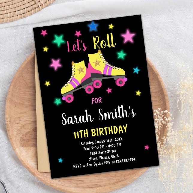 Yellow Neon Star Skate Birthday Invitations (Yellow Neon Star Skate Birthday Invitations)