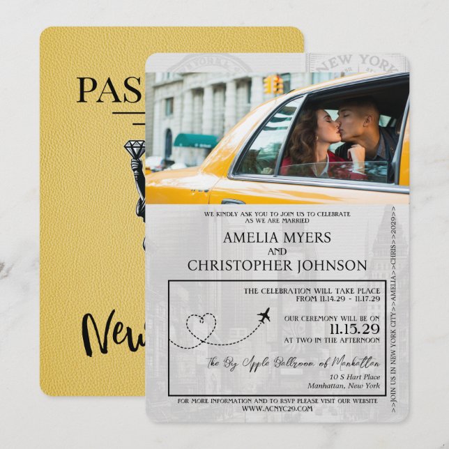 Yellow New York City Passport Wedding Invitation (Front/Back)