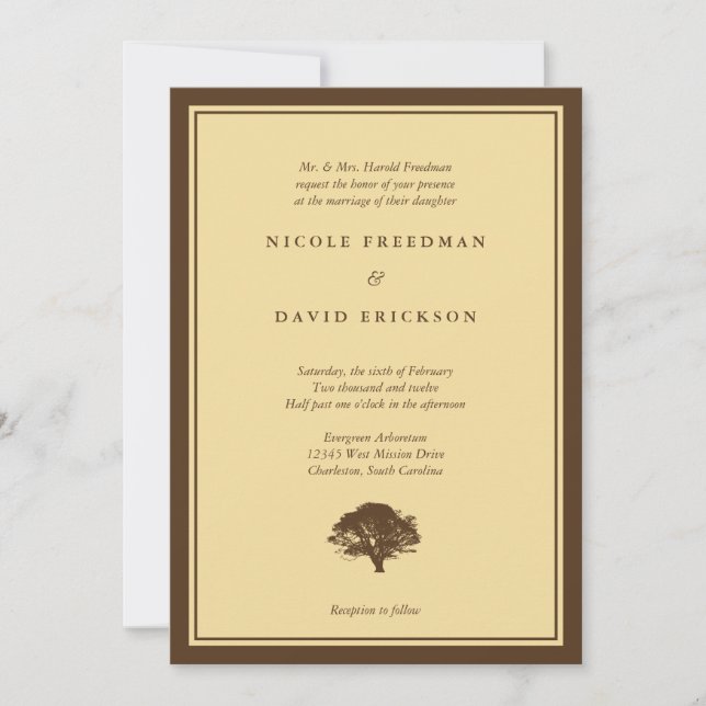 Yellow oak tree brown simple wedding invitation (Front)