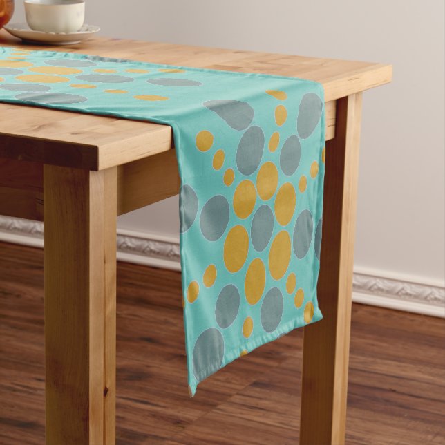 Yellow ochre and grey blue dotted stars on teal short table runner (In Situ)