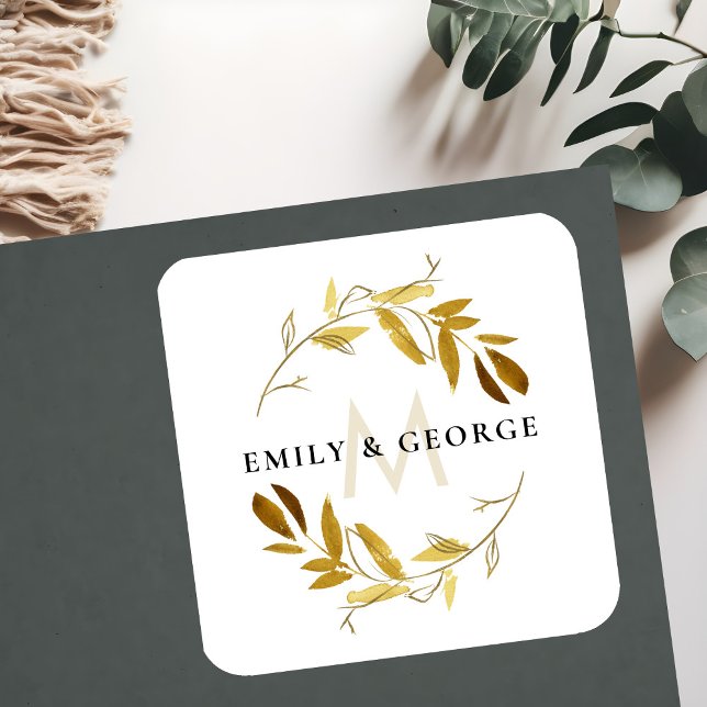 YELLOW OCHRE GOLD FOLIAGE MONOGRAM WREATH WEDDING SQUARE STICKER (Creator Uploaded)