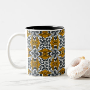 Yellow Ochre Grey and White Repeat Tile Pattern.jp Two-Tone Coffee Mug