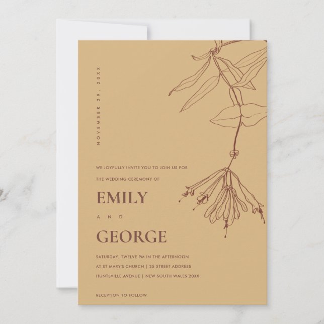 YELLOW OCHRE LINE DRAWING FLORAL WEDDING INVITE (Front)