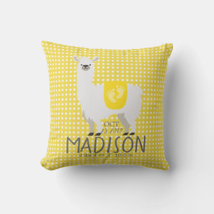 Yellow & Off-White Llama Birth Stats Throw Pillow