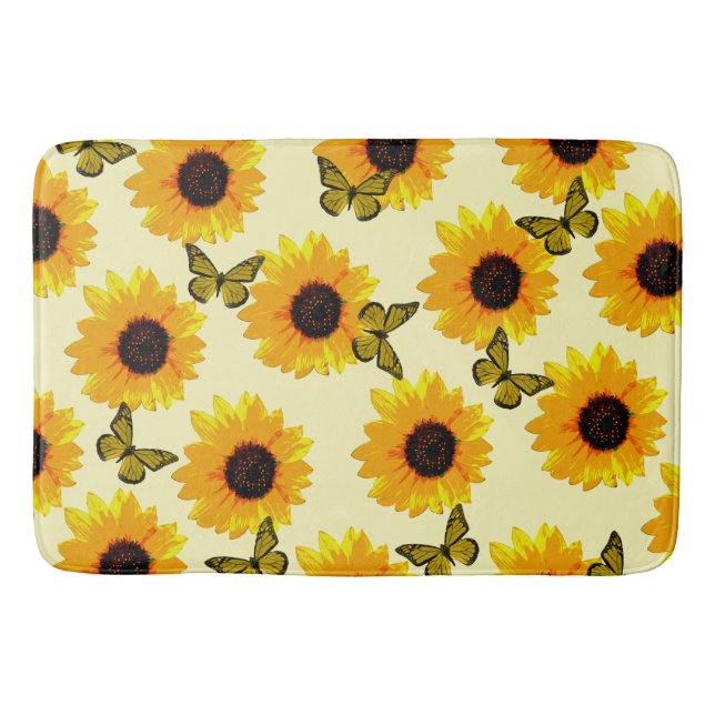 Yellow Oil Painted Sunflowers And Butterflies, Bath Mat (Front)