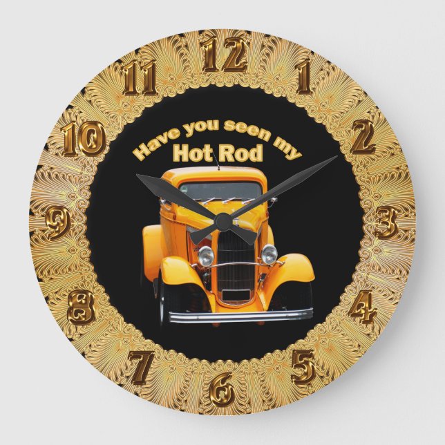 Yellow old roadster with the front windows chopped large clock (Front)