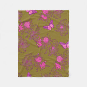 Yellow Olive Pink Butterfly Floral Fleece Blanket
