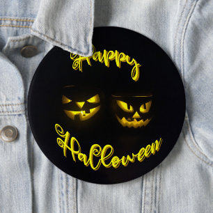 Yellow on black Happy Halloween text pumpkin face 6 Cm Round Badge