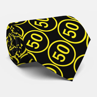 yellow on black number fifty in a circle tie