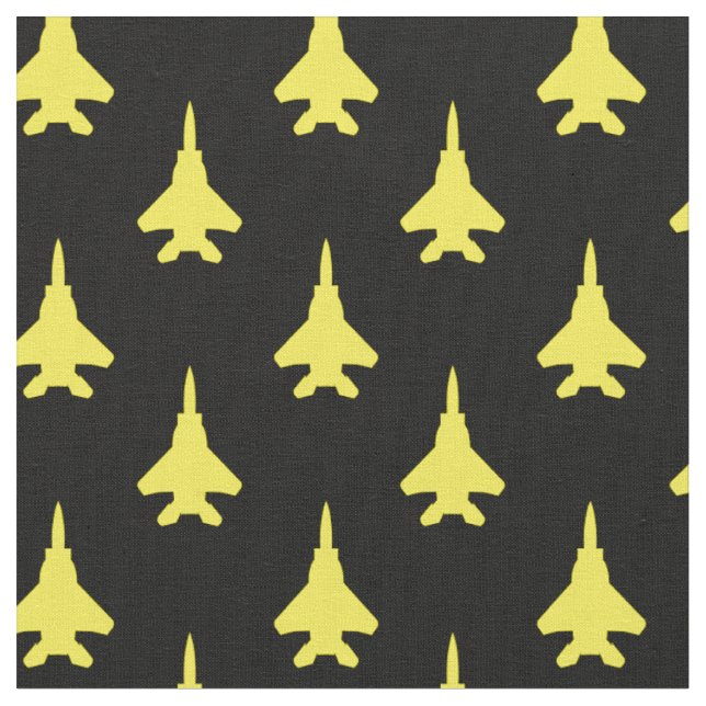 Yellow on Black Strike Eagle Fighter Jet Pattern Fabric (Close Up)