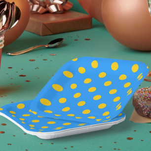 Yellow On Blue Polka Dots Pattern Design Paper Plate