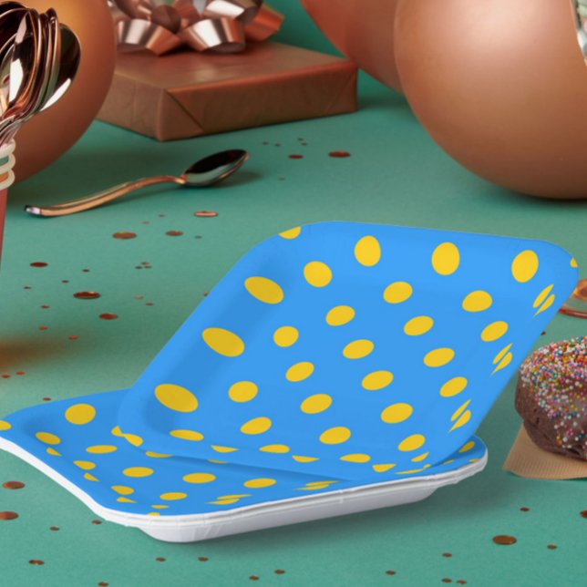 Yellow On Blue Polka Dots Pattern Design Paper Plate (Creator Uploaded)