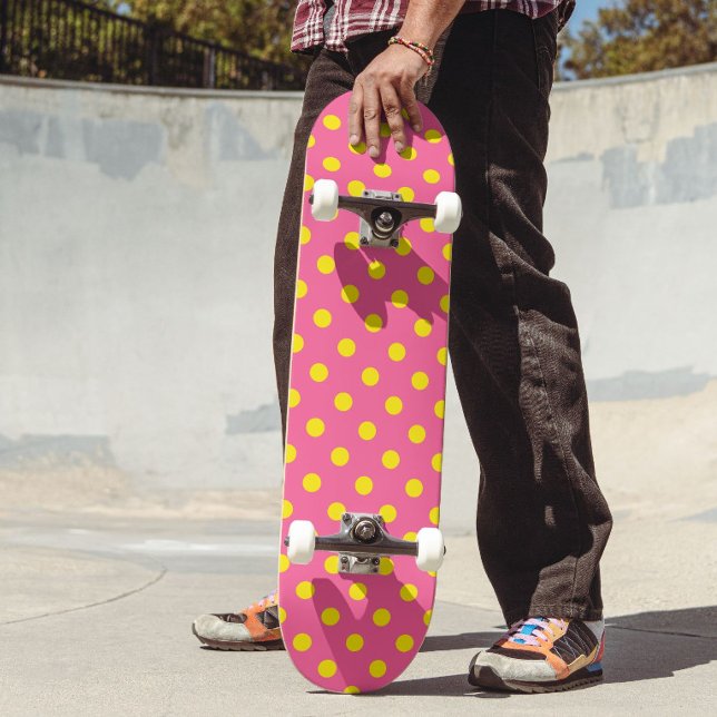Yellow On Pink Polka Dots Pattern Design Skateboard (Creator Uploaded)