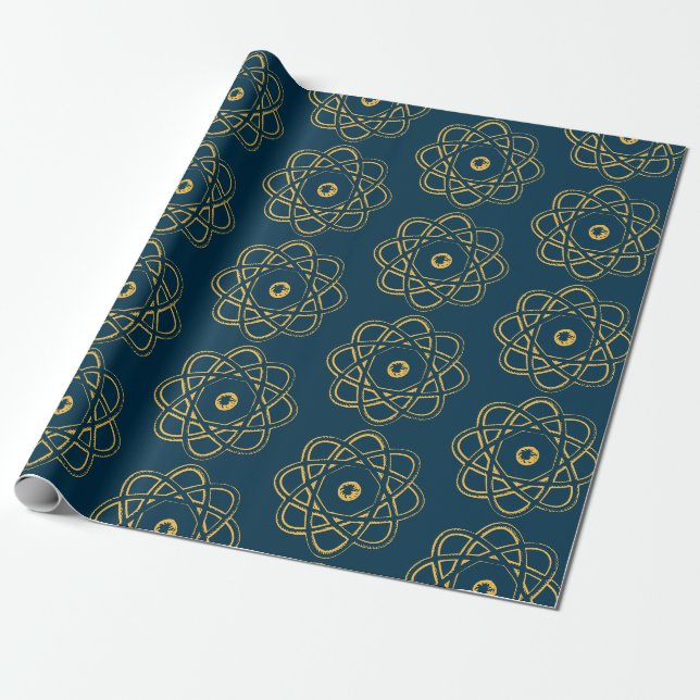 Yellow on Prussian Blue Atom Symbols Wrapping Paper (Unrolled)