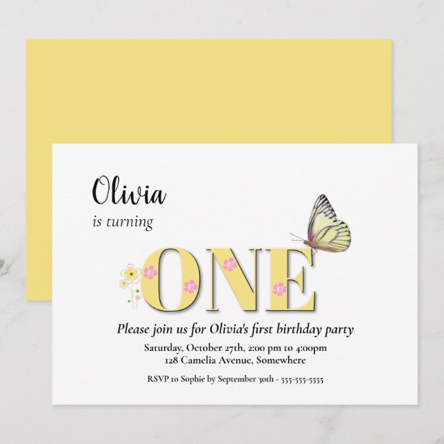 Yellow One 1st Birthday Party Invitation (Front/Back)
