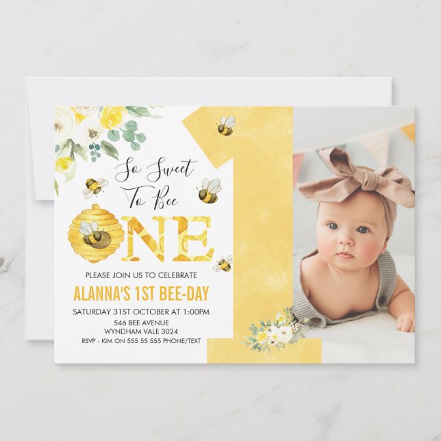 Yellow One Floral Honey Bee First Bee-day Birthday Invitation (Front)