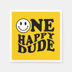 Yellow One Happy Dude Retro Happy Smile Birthday Napkin