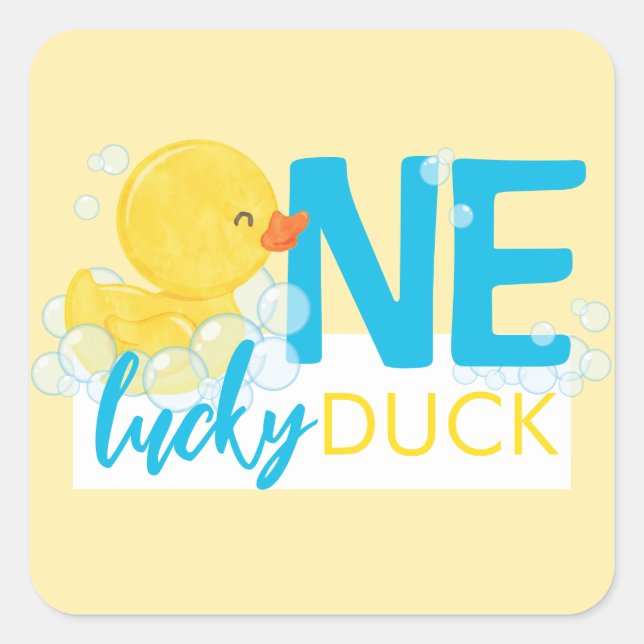 Yellow One Lucky Duck 1st Birthday Party Square Sticker (Front)
