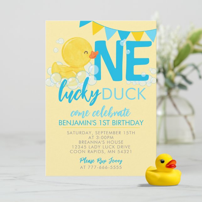 Yellow One Lucky Duck Watercolor 1st Birthday Invitation (Yellow One Lucky Ducky Watercolor 1st Birthday Invitations. Available printed or digital download)