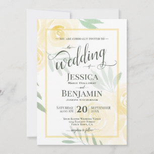 Yellow or Gold Boho Roses Stylish Script Wedding Invitation