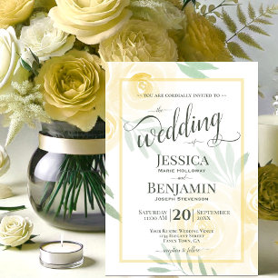 Yellow or Gold Boho Roses Stylish Script Wedding Invitation