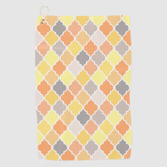 Yellow, orange and grey quatrefoil pattern golf towel (Front)