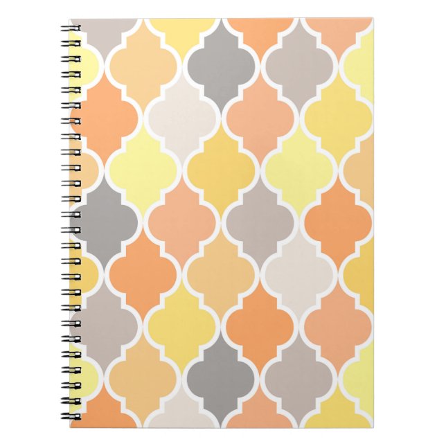 Yellow, orange and grey quatrefoil pattern notebook (Front)