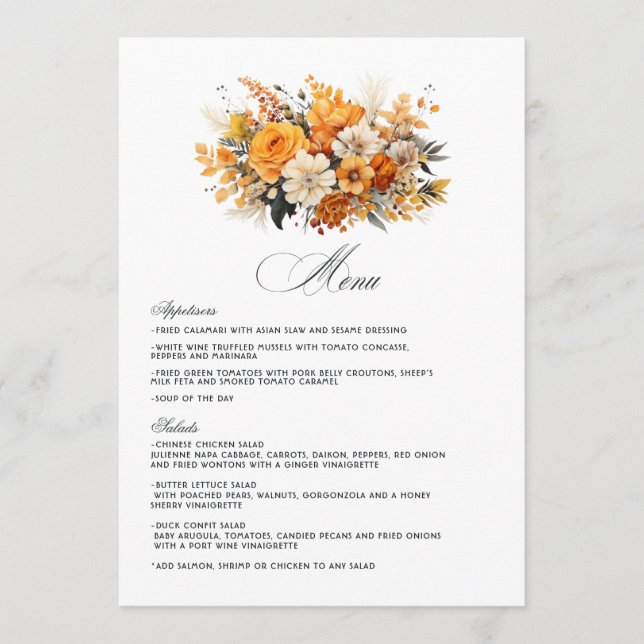Yellow, Orange and Ivory Floral Wedding Menu (Front)
