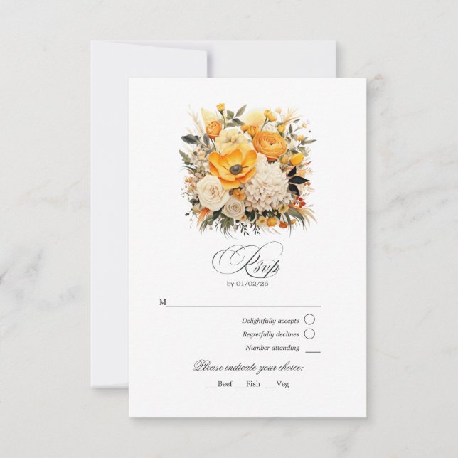 Yellow, Orange and Ivory Floral Wedding RSVP Card (Front)