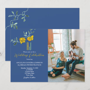 Yellow Orange and Navy Blue Wedding Invitation