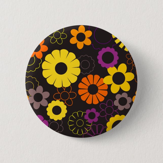Yellow orange and purple retro flowers 6 cm round badge (Front)
