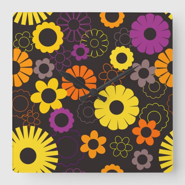 Yellow orange and purple retro flowers square wall clock (Front)