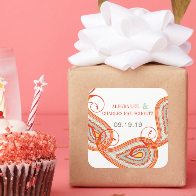 Yellow Orange Aqua Mint Persimmon Paisley Wedding Square Sticker (Party)