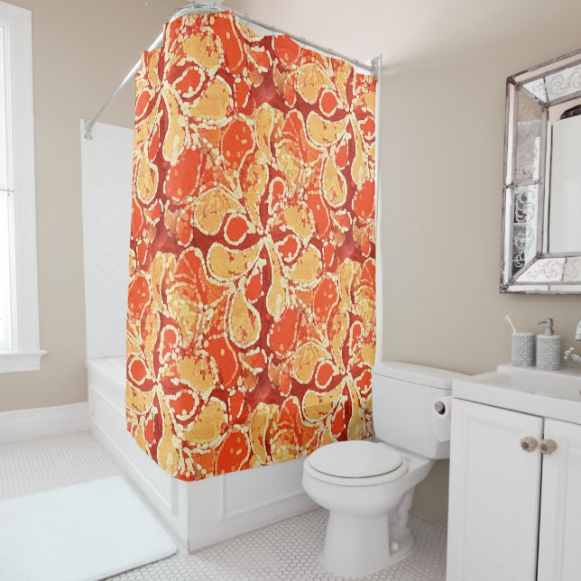 Yellow Orange Bali Batik Style Paisley Pattern Shower Curtain (In Situ)