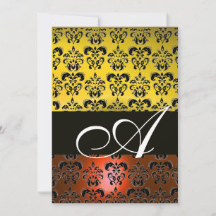 YELLOW ORANGE BLACK DAMASK MONOGRAM ,bright white Invitation