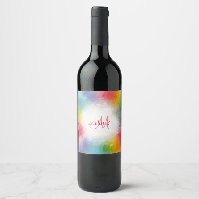 Yellow Orange Blue Green Pink Red Purple Monogram Wine Label (Front)