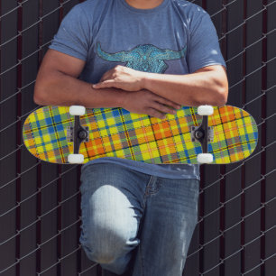 Yellow Orange Blue Plaid Tartan Design  Skateboard