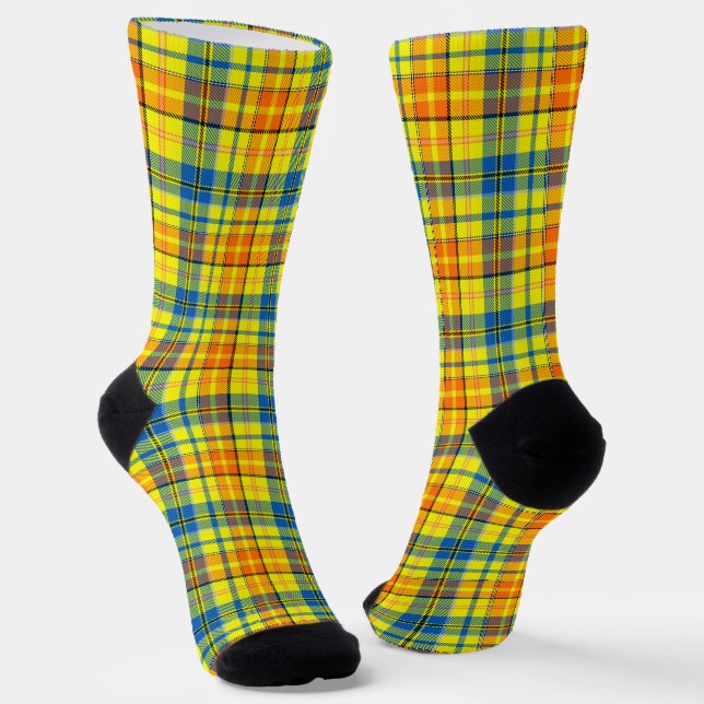 Yellow Orange Blue Plaid Tartan Design  Socks (Angled)