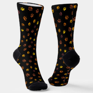 Yellow Orange Brown Paw Prints Pattern Black Socks