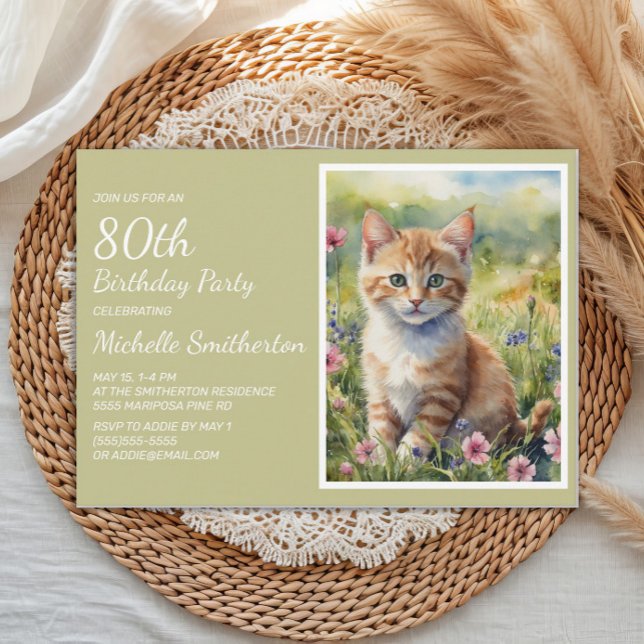 Yellow Orange Cat Watercolor 80th Birthday Invitation (Cat 80th birthday party invitation)
