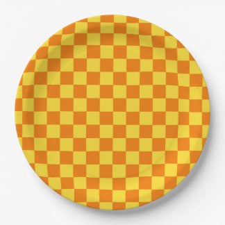 Yellow Orange Chequerboard Chequered Checked Check Paper Plate