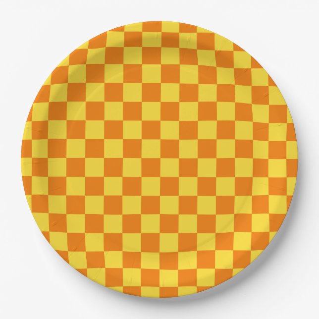Yellow Orange Chequerboard Chequered Checked Check Paper Plate (Front)