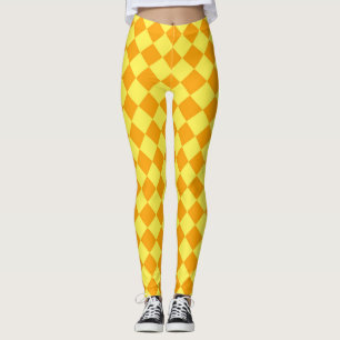 Yellow Orange Chequered Diamond Pattern Leggings