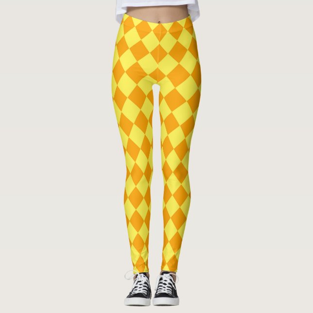 Yellow Orange Chequered Diamond Pattern  Leggings (Front)