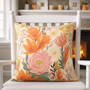 Yellow Orange Coral Green Floral  Cushion