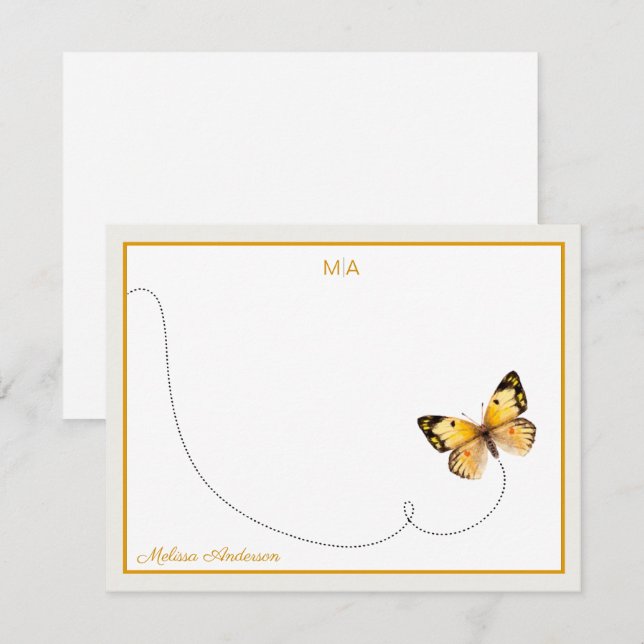 Yellow Orange Dot Butterfly Flight Monogram & Name Card (Front/Back)